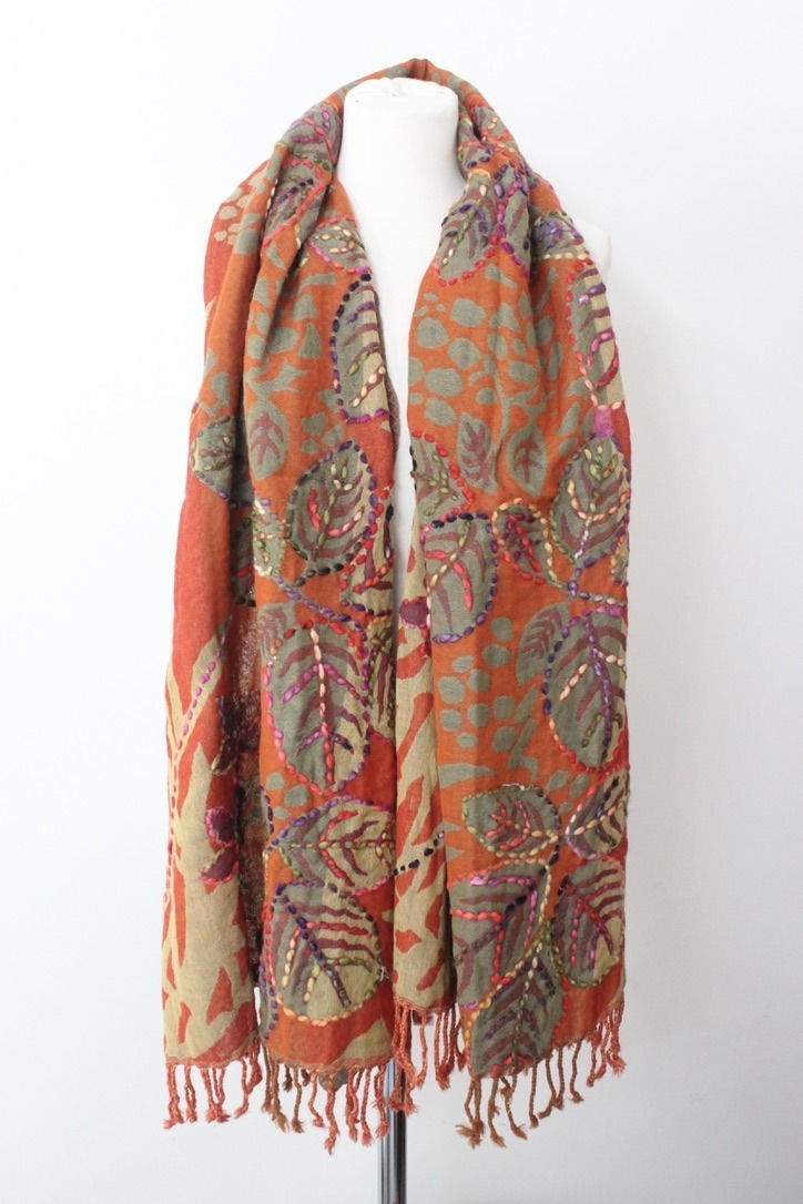 Wool embroidery leaf orange