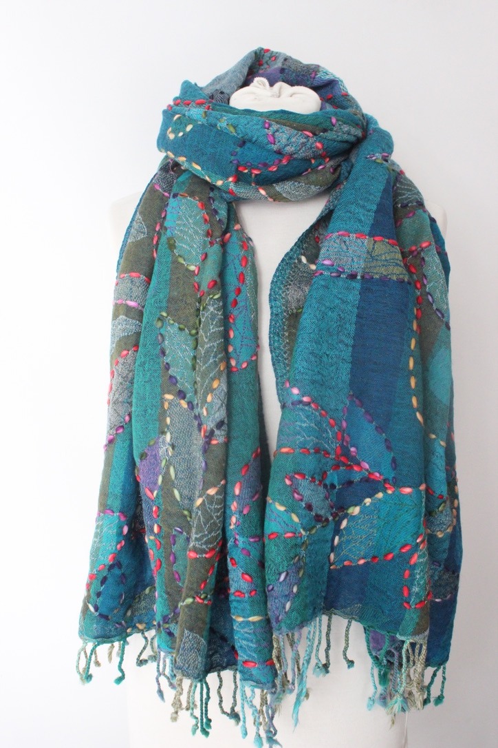 Wool embroidery plant stripe turq WEP015